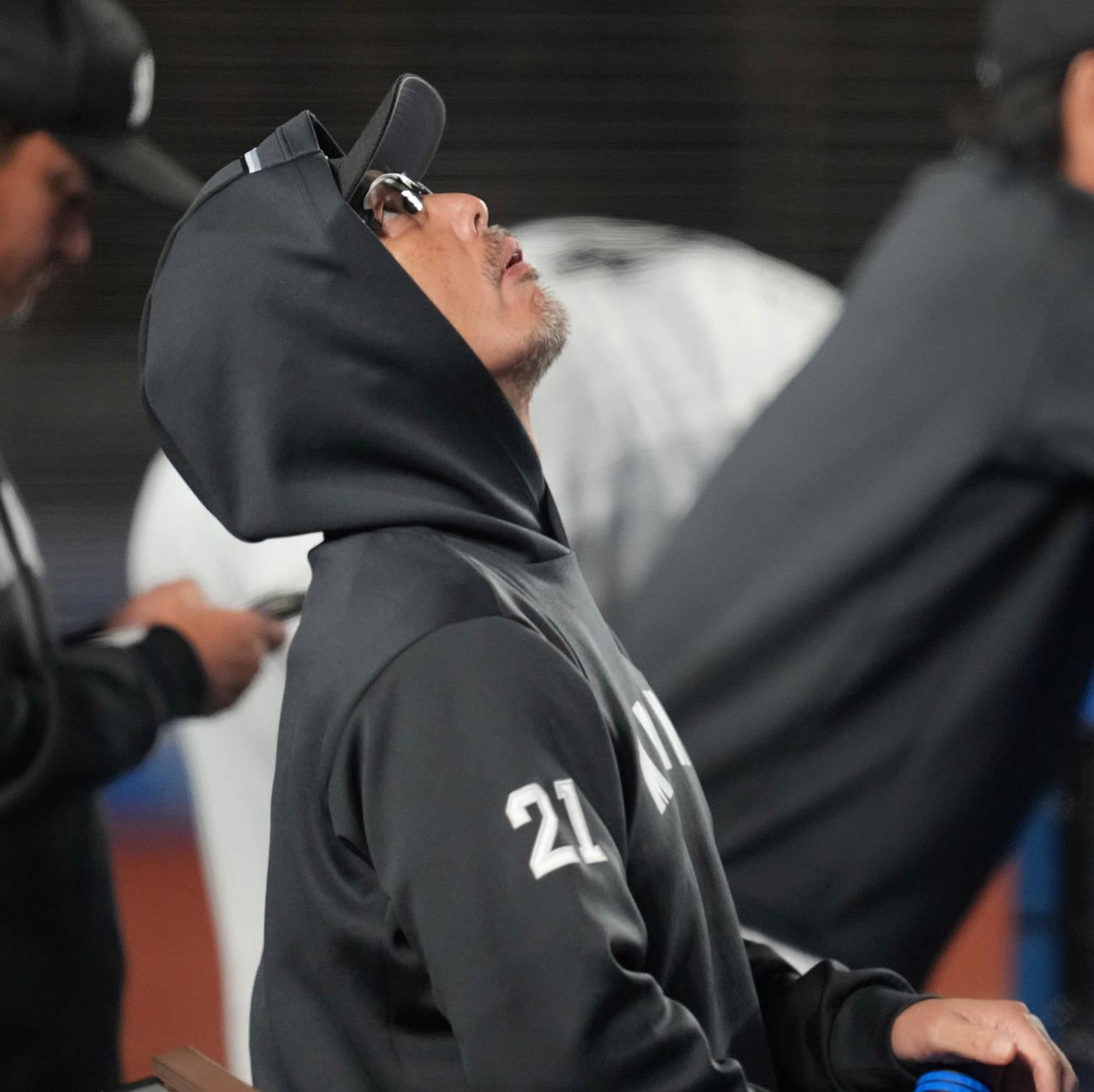 ロッテ対ソフトバンク　空を見上げるロッテ吉井監督（撮影・鈴木みどり）