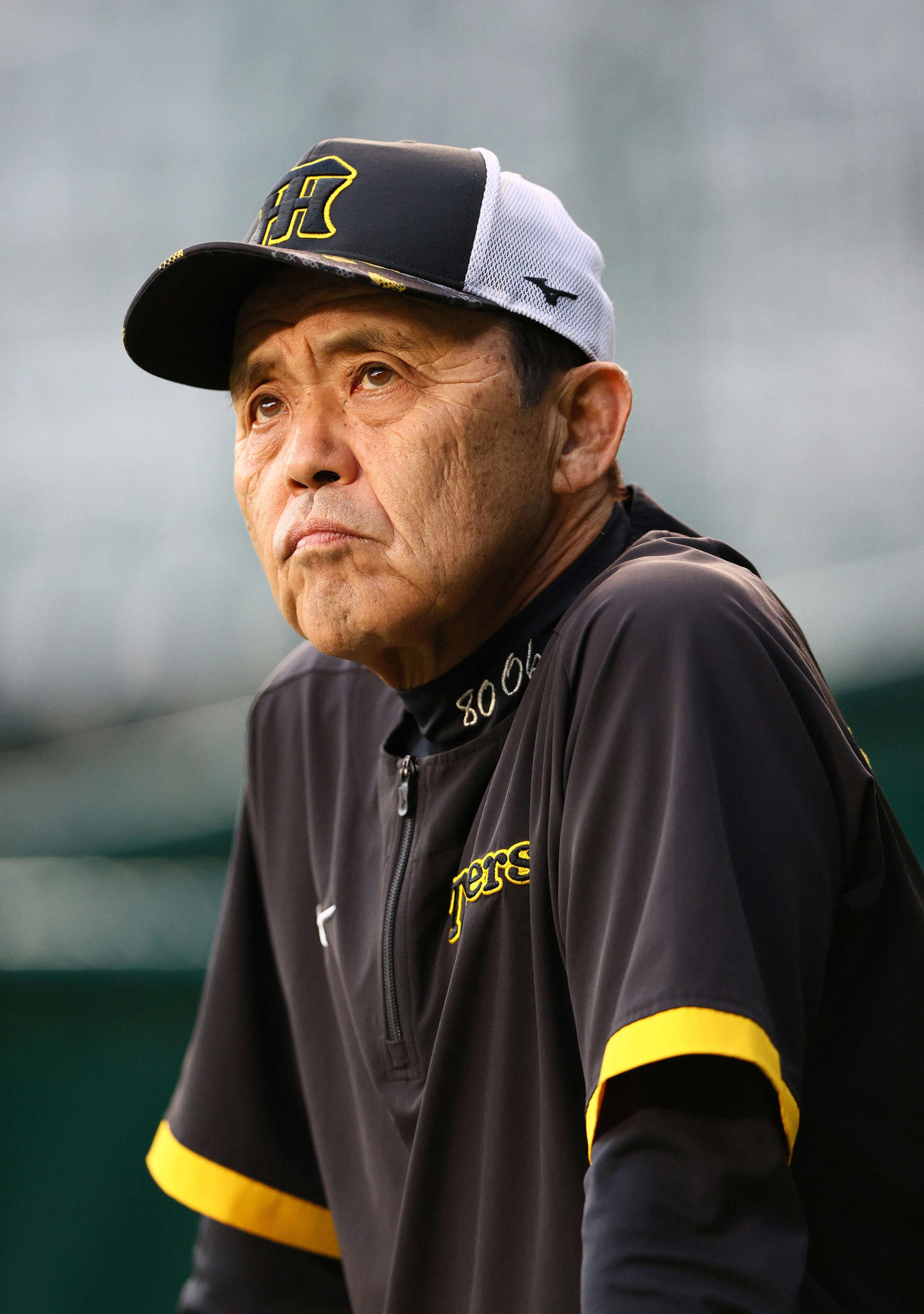 ベンチ前で練習を見守る阪神岡田監督（撮影・上山淳一）