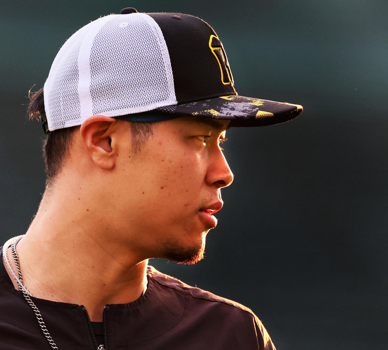 外野で夕陽を浴びる佐藤輝（撮影・加藤哉）