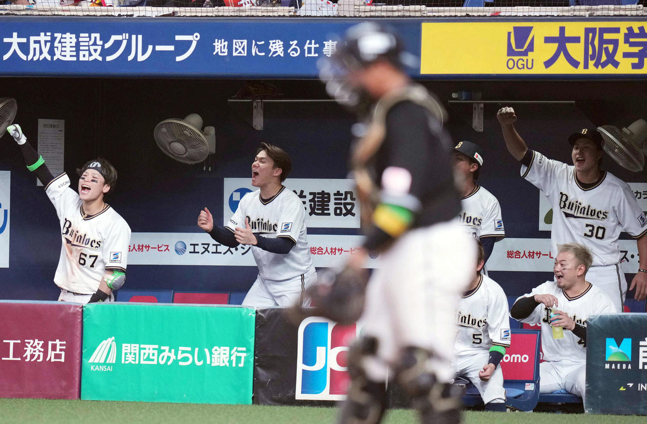 オリックス対ロッテ　6回裏オリックス無死一、三塁、紅林が適時打を放ち、ベンチでほえながら喜ぶ山本（中央）らオリックスベンチ（撮影・狩俣裕三）