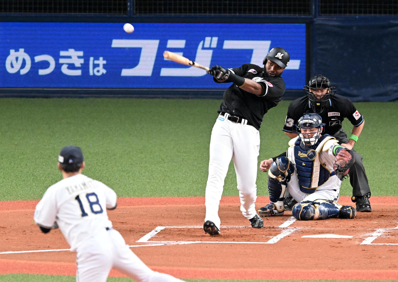 オリックス対ロッテ　1回表ロッテ1死二、三塁、ポランコは先制の右適時2点二塁打を放つ。投手山本（撮影・前岡正明）