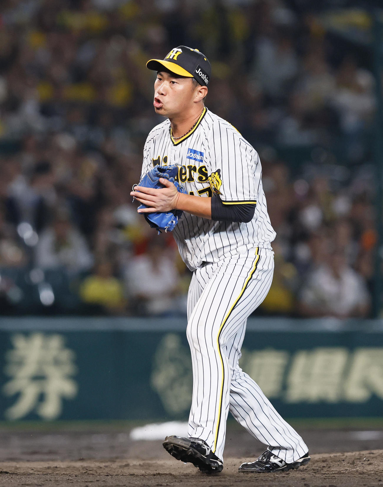 阪神対広島　7回表広島2死、堂林を三振に仕留め、グラブをたたく阪神桐敷（撮影・藤尾明華）