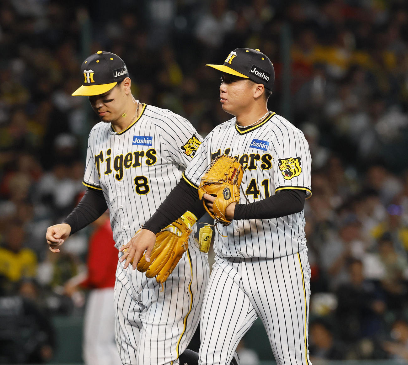 阪神対広島　2回表広島2死一塁、韮沢雄也を三飛に打ち取り佐藤輝（左）とタッチを交わす村上（撮影・藤尾明華）