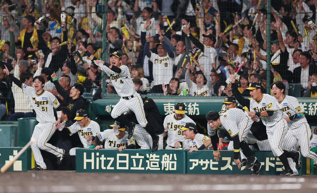 阪神対広島　9回裏阪神2死満塁、木浪がサヨナラ適時打を放ち、ベンチから飛び出して喜ぶ阪神ナイン（撮影・前田充）