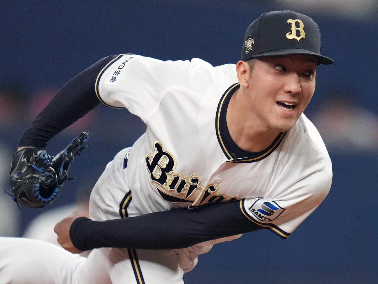 オリックス対ロッテ　6回表、ほえながら力投するオリックス先発の田嶋（撮影・狩俣裕三）