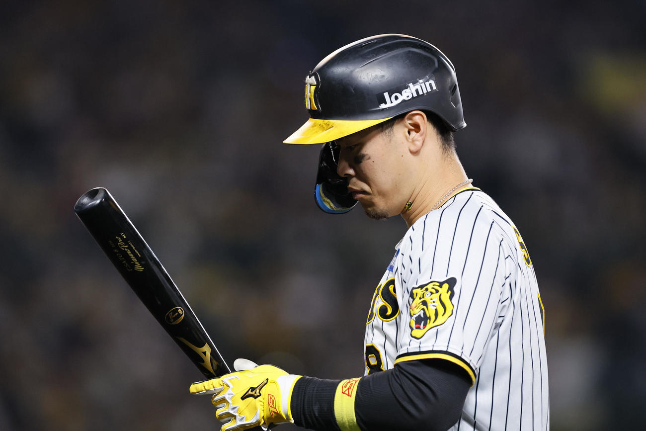 阪神対広島　6回裏阪神2死、右飛に倒れた佐藤輝（撮影・藤尾明華）