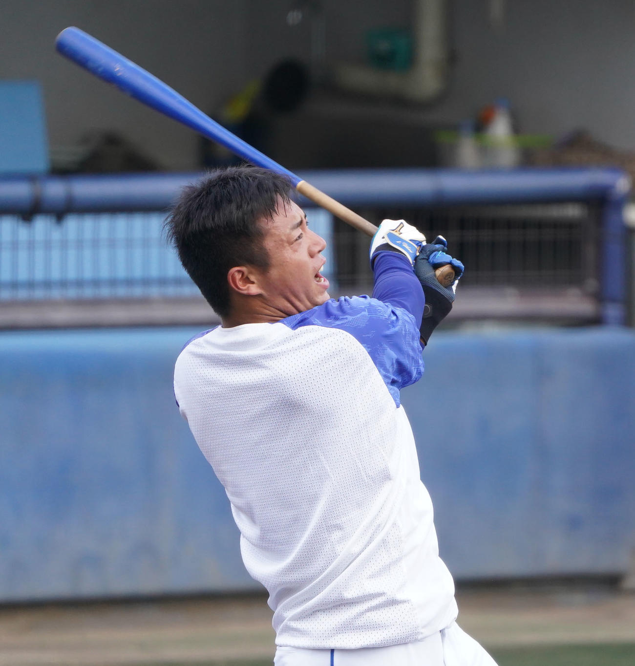 ノックバットを手にロングティー打撃練習をする鵜飼（撮影・森本幸一）