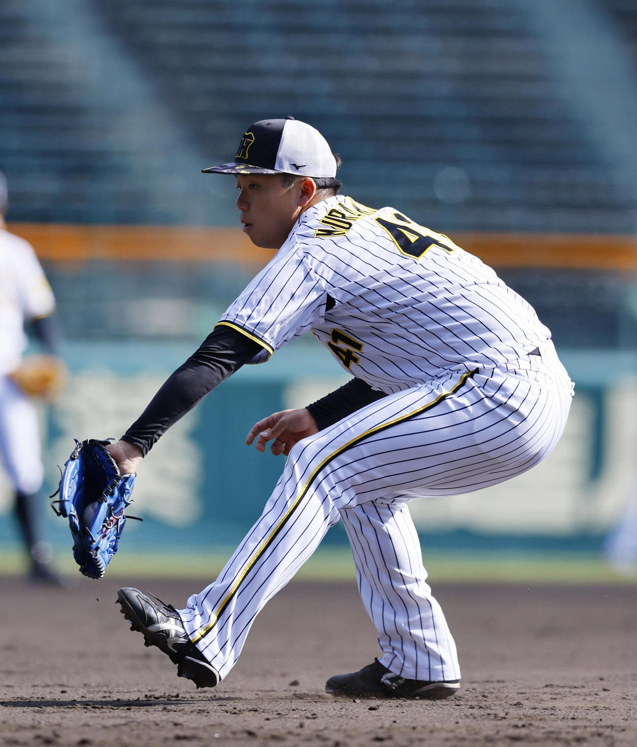 投内連係の練習をする阪神村上（撮影・藤尾明華）