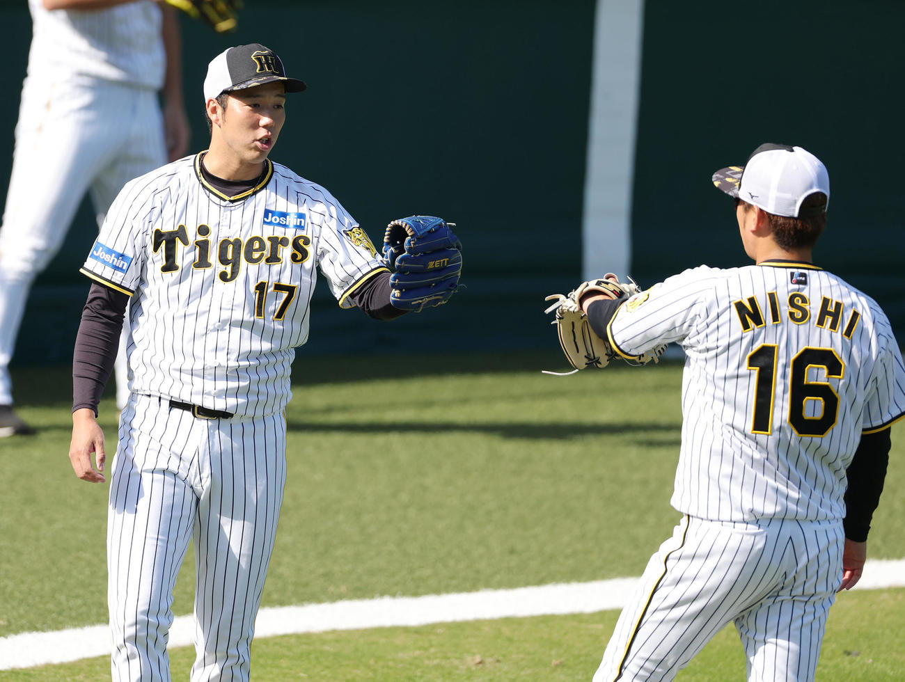 キャッチボールを終えグラブタッチする阪神青柳（左）と西勇（撮影・前田充）