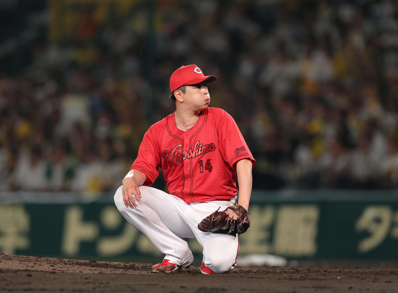 2023年10月19日、CSファイナル　阪神対広島　3回裏阪神2死、森下翔太の左飛に思わず座り込む大瀬良大地