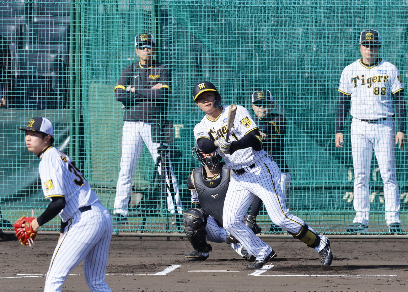 シート打撃で中飛に倒れる阪神森下。後方中央は岡田監督、投手才木（撮影・藤尾明華）