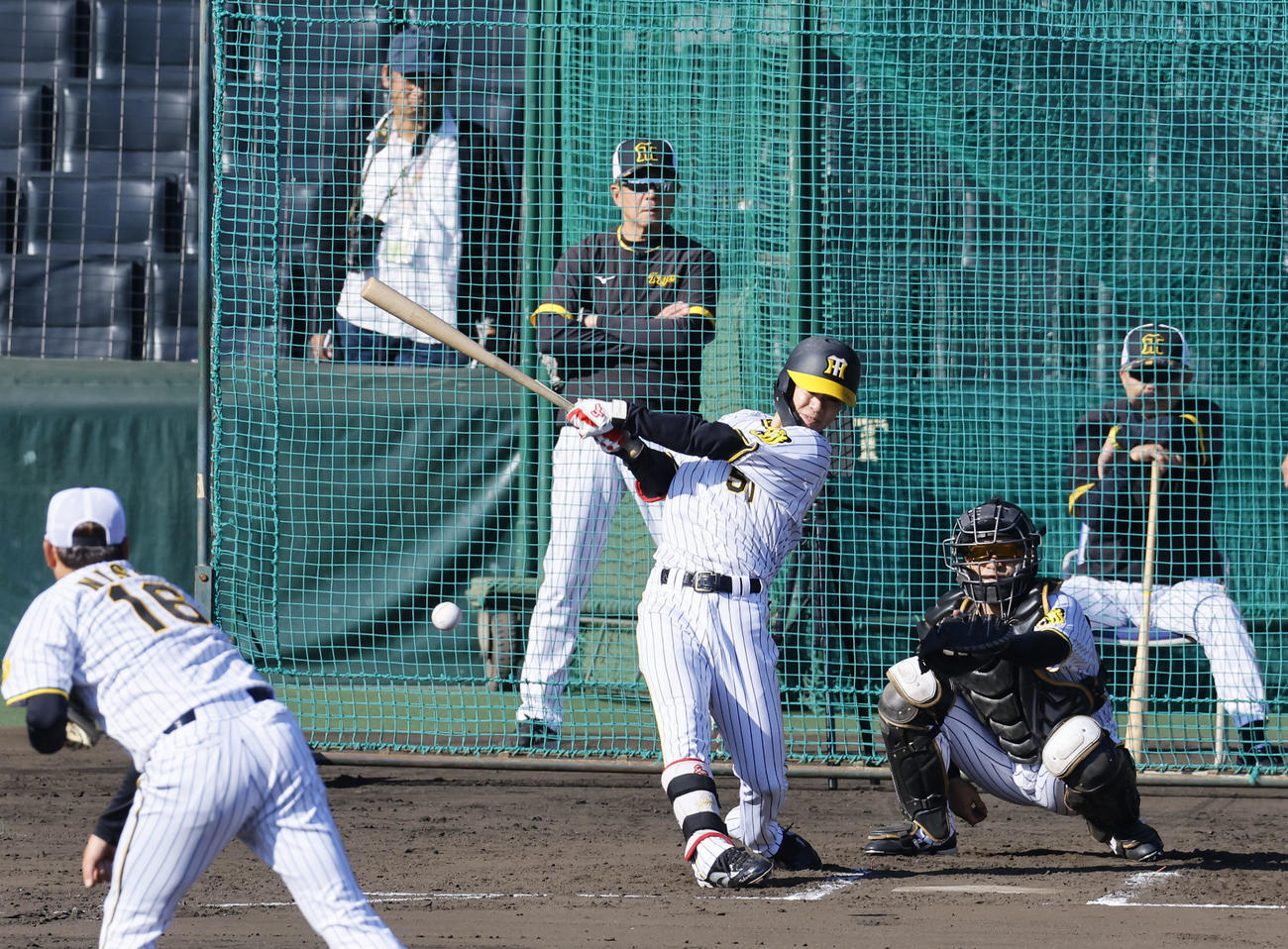 シート打撃でバットを折られ二ゴロに倒れる阪神中野。投手西勇（撮影・藤尾明華）