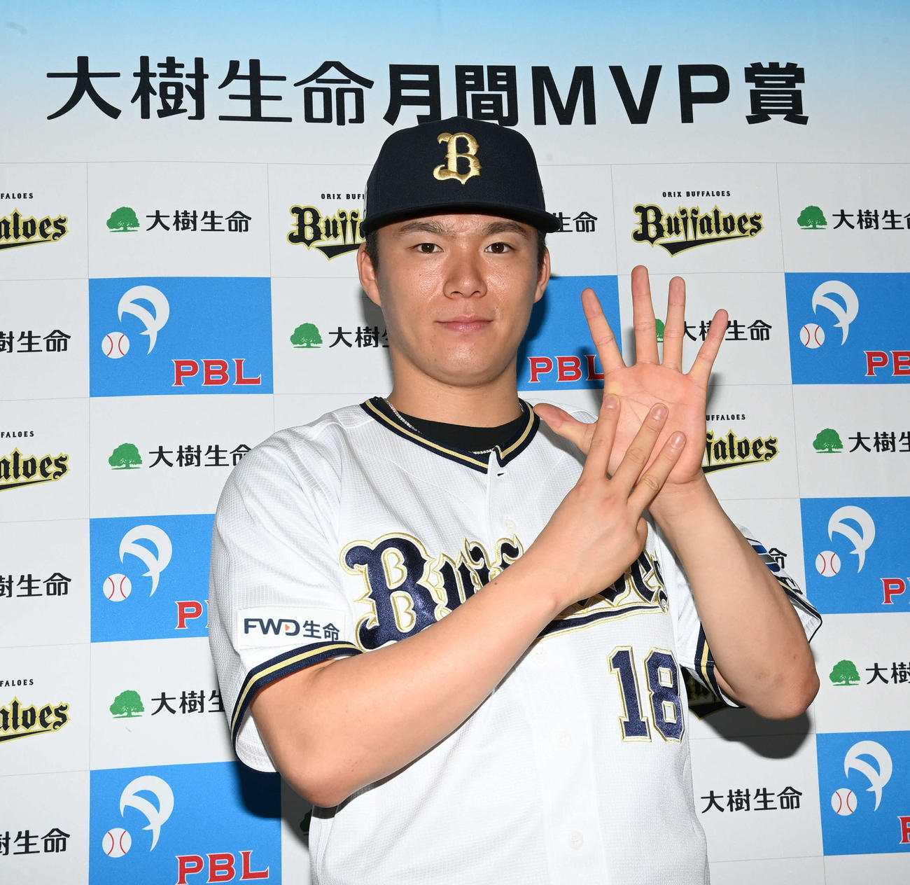 通算8度目の月間MVP賞に輝いたオリックス山本（撮影・和賀正仁）