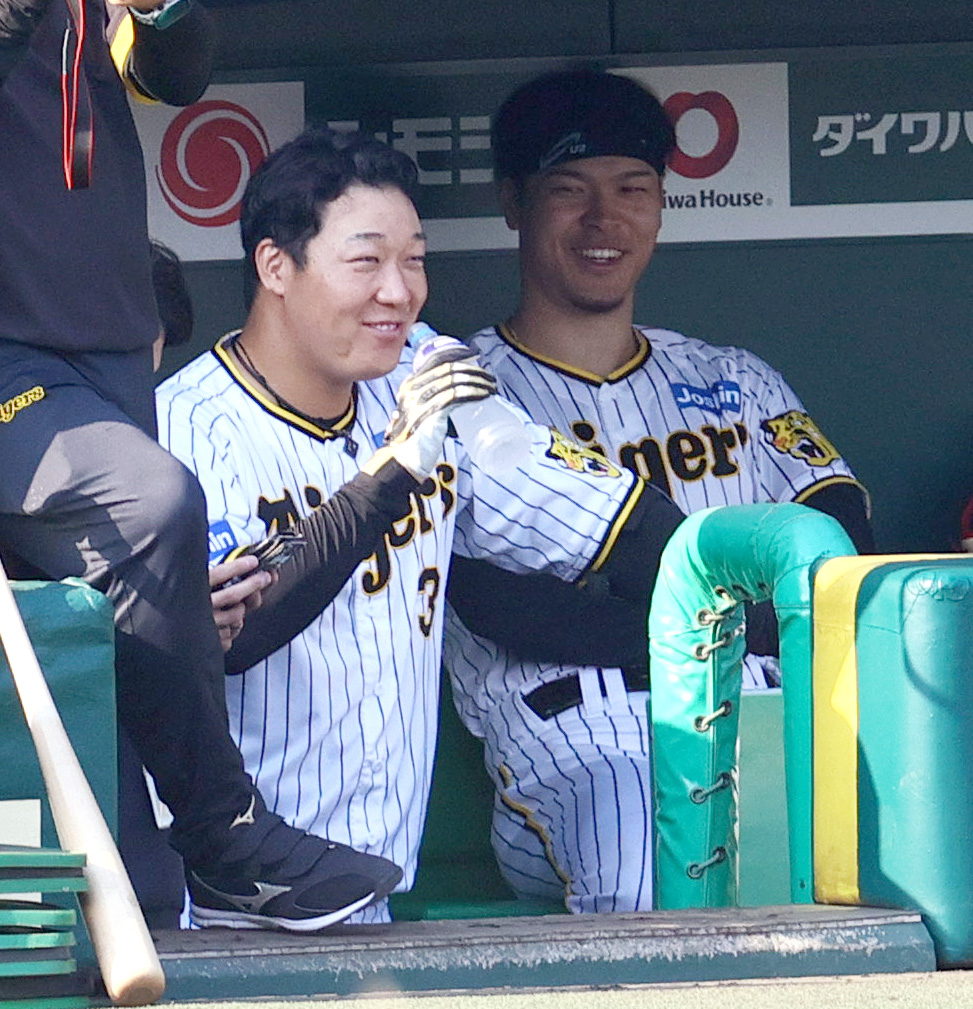 シート打撃の合間にベンチで笑顔を見せる大山（手前）と佐藤輝（撮影・上山淳一）