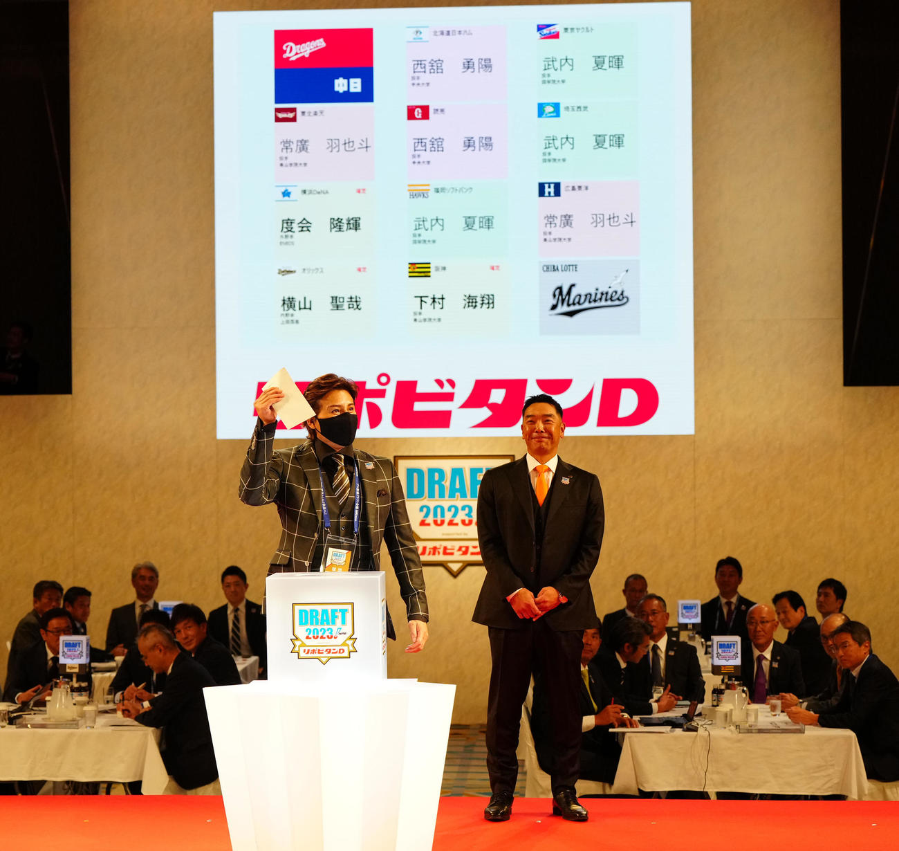 中大・西舘をドラフト1位指名し、右手でくじを引く日本ハム新庄監督（左）。右は巨人阿部監督（撮影・江口和貴）