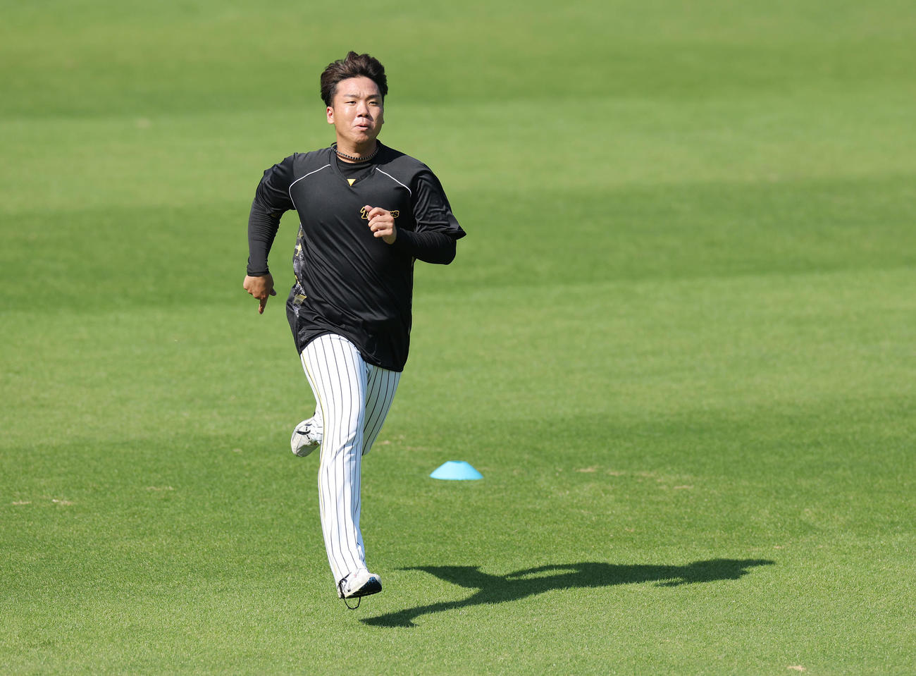外野を走り込む阪神村上（撮影・前田充）