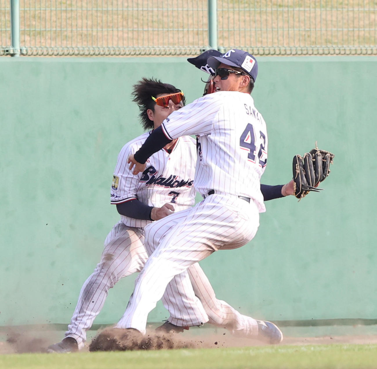 24日、ヤクルト対ソフトバンク　8回表、野村勇の打球を追い長岡三塁手と沢井左翼手がぶつかりあう
