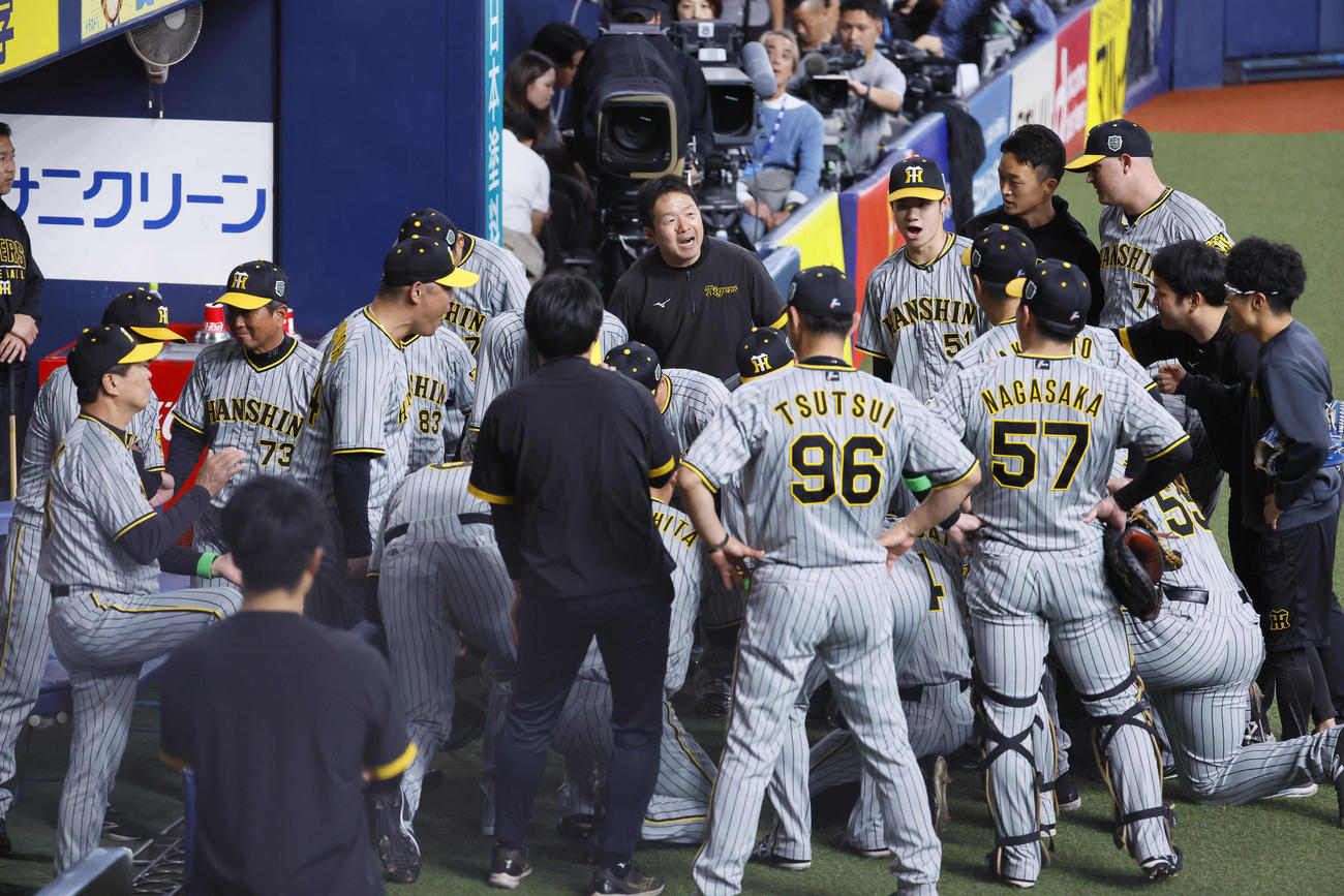 オリックス対阪神　試合前に円陣を組む阪神（撮影・藤尾明華）