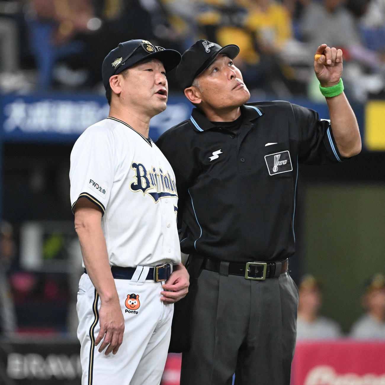 オリックス対阪神　5回裏オリックス無死、森の二塁打について説明を受けるオリックス中嶋監督（撮影・和賀正仁）