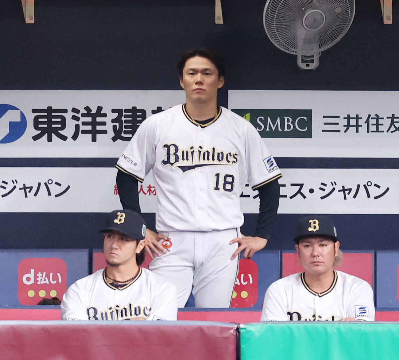 オリックス対阪神　6回表、途中降板となりベンチで厳しい表情のオリックス山本（中央）（撮影・宮地輝）