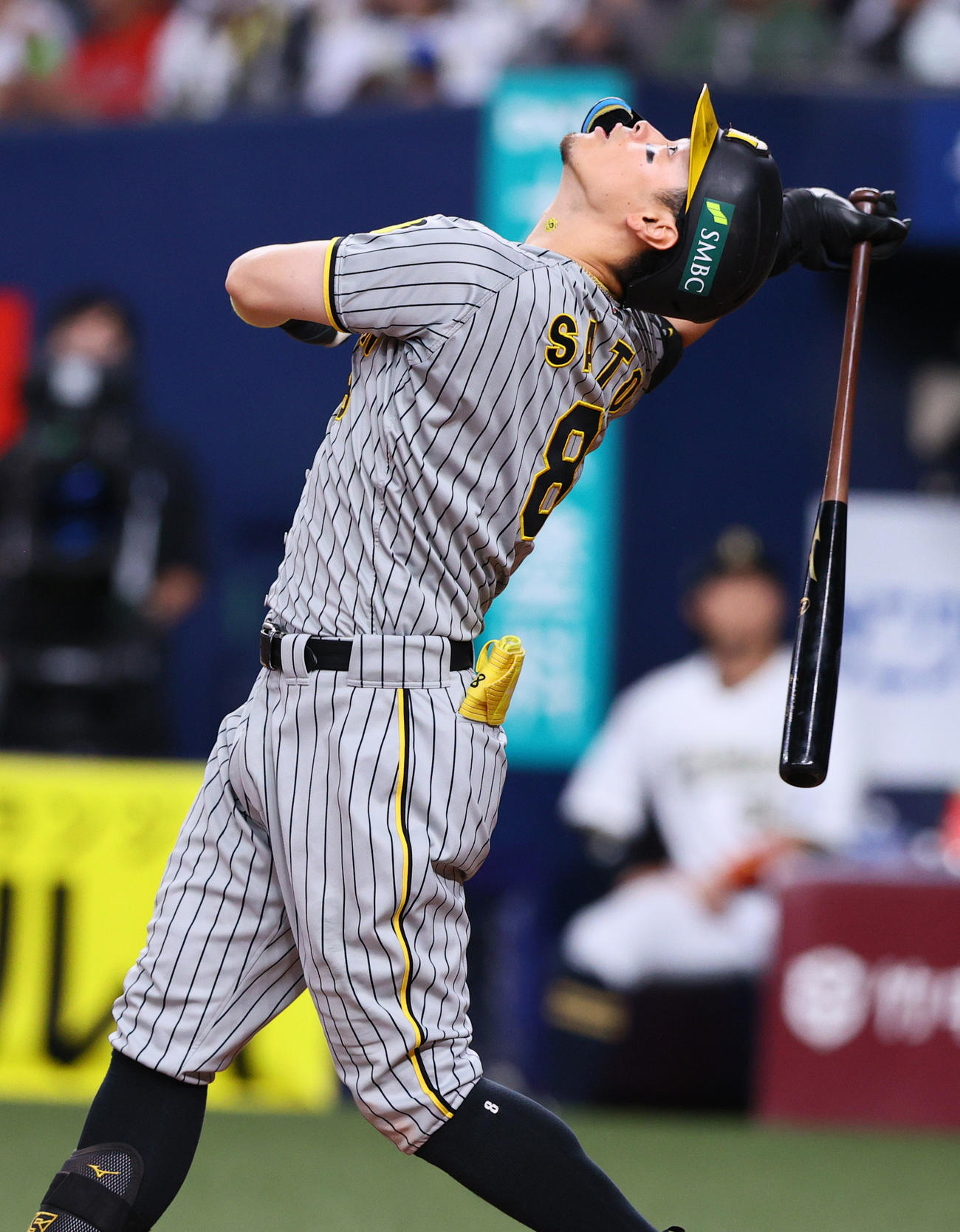 オリックス対阪神　7回表阪神無死、ファウルの打球を見上げる佐藤輝（撮影・上山淳一）