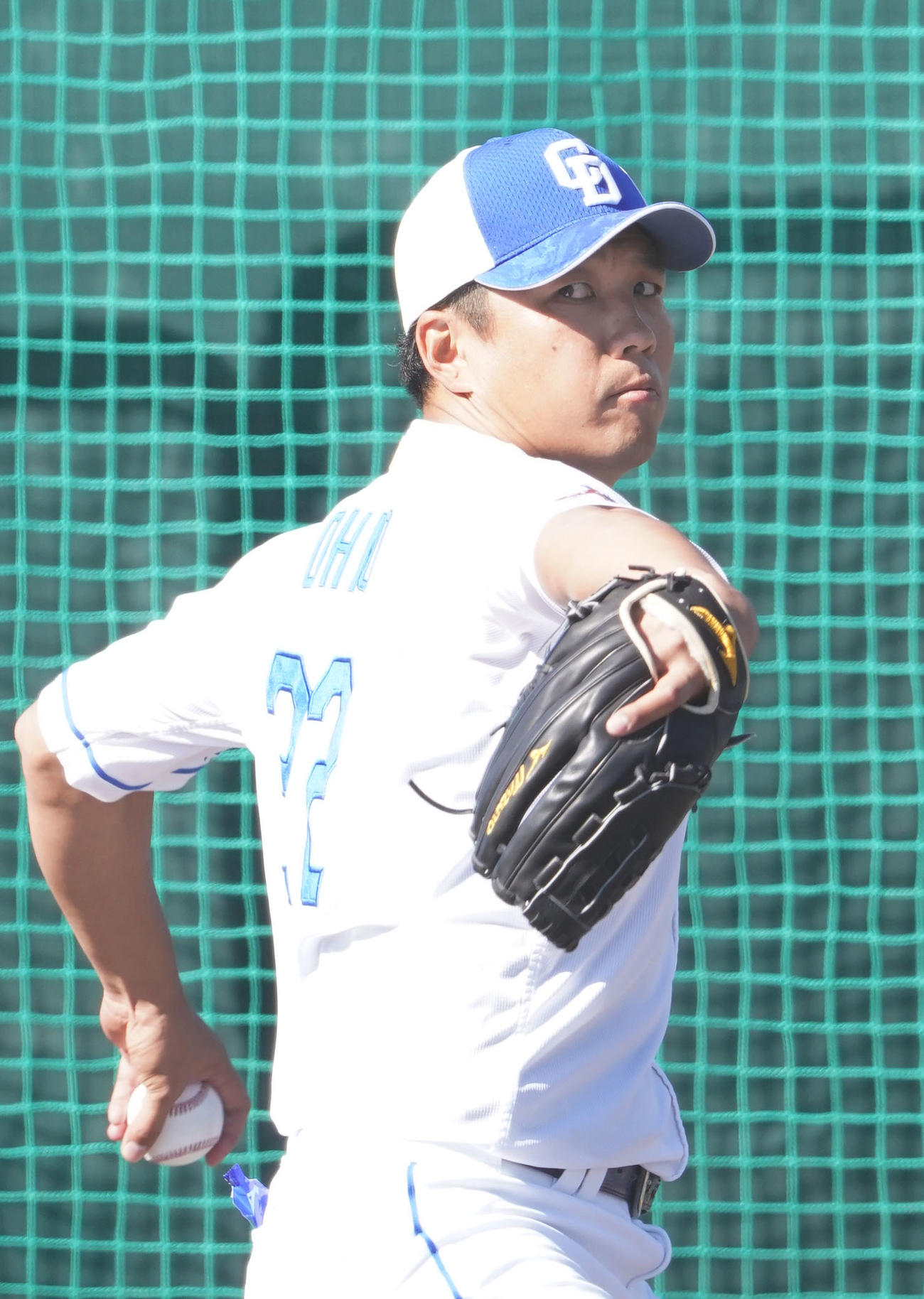 ブルペンに入り投球練習をする大野雄（撮影・森本幸一）