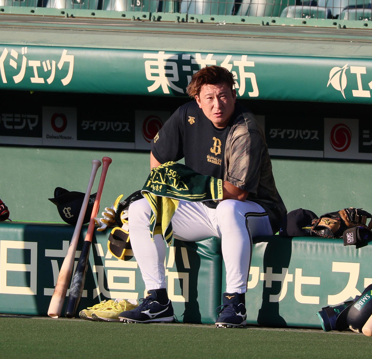 阪神対オリックス　ベンンチ前のフェンスに腰を掛ける杉本（撮影・加藤哉）