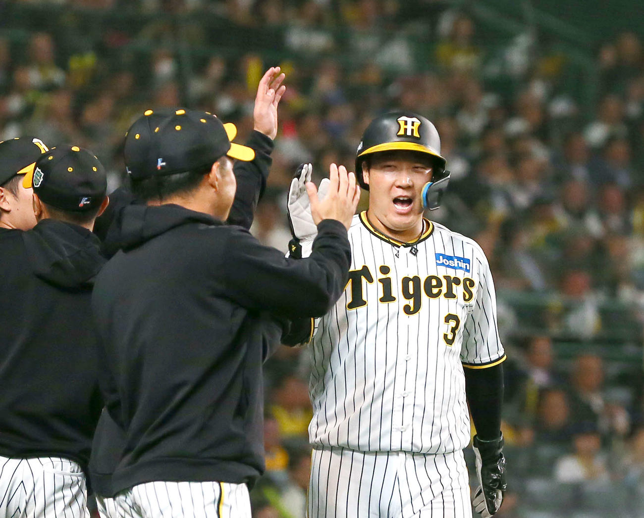 阪神対オリックス　2回裏阪神1死一、三塁、三走大山（右）は坂本の二ゴロで先制のホームを踏み、ナインの出迎えを受ける（撮影・上山淳一）