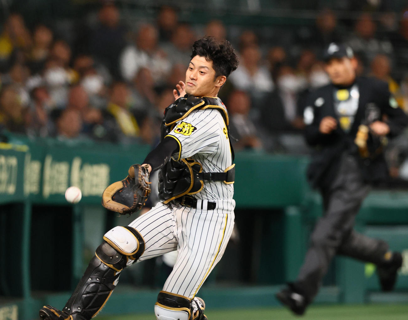 阪神対オリックス　5回表オリックス1死一、二塁、坂本は中川圭の邪飛を取れず（撮影・上山淳一）