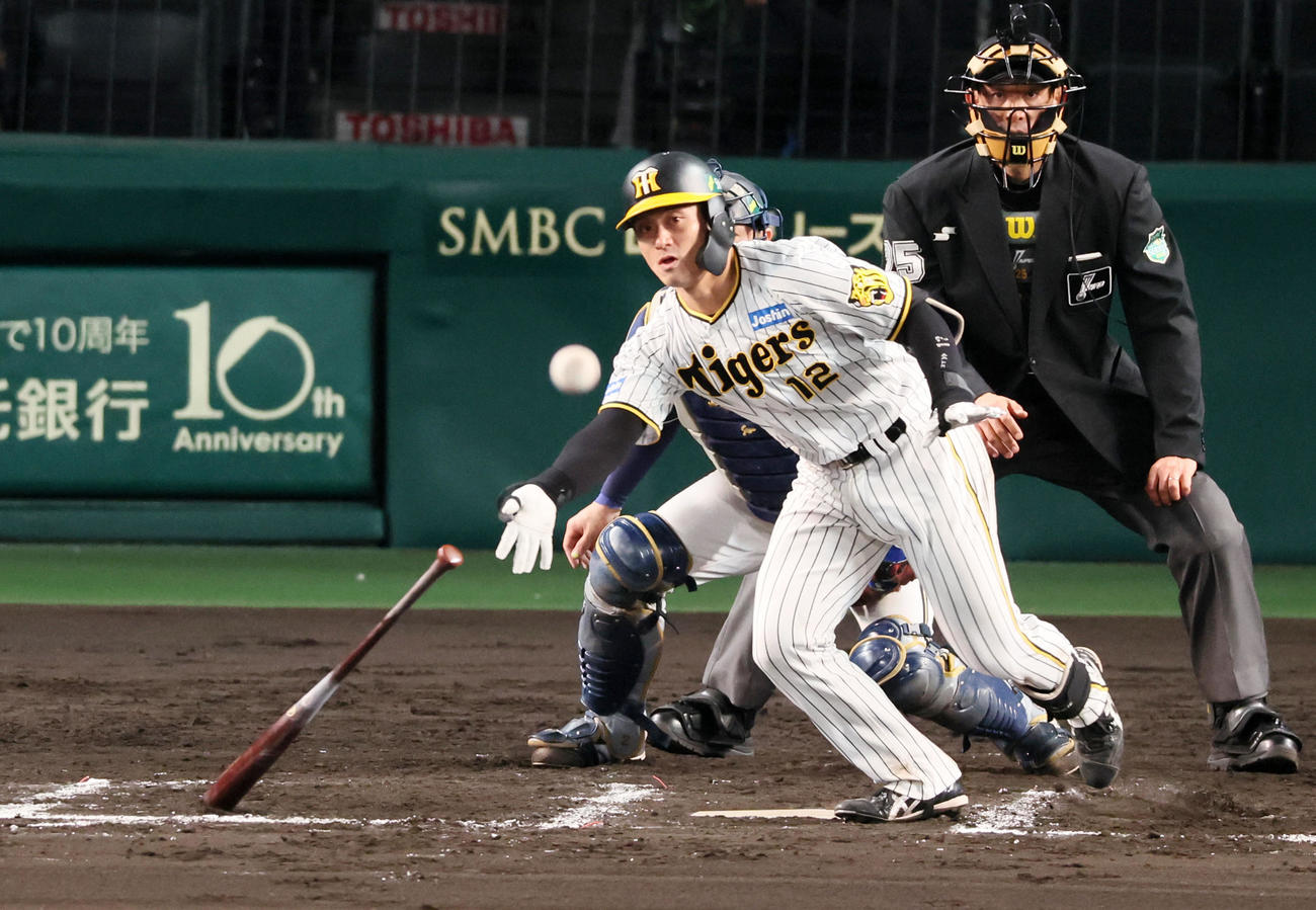 阪神対オリックス　7回裏阪神無死、坂本は中前打を放つ（撮影・加藤哉）