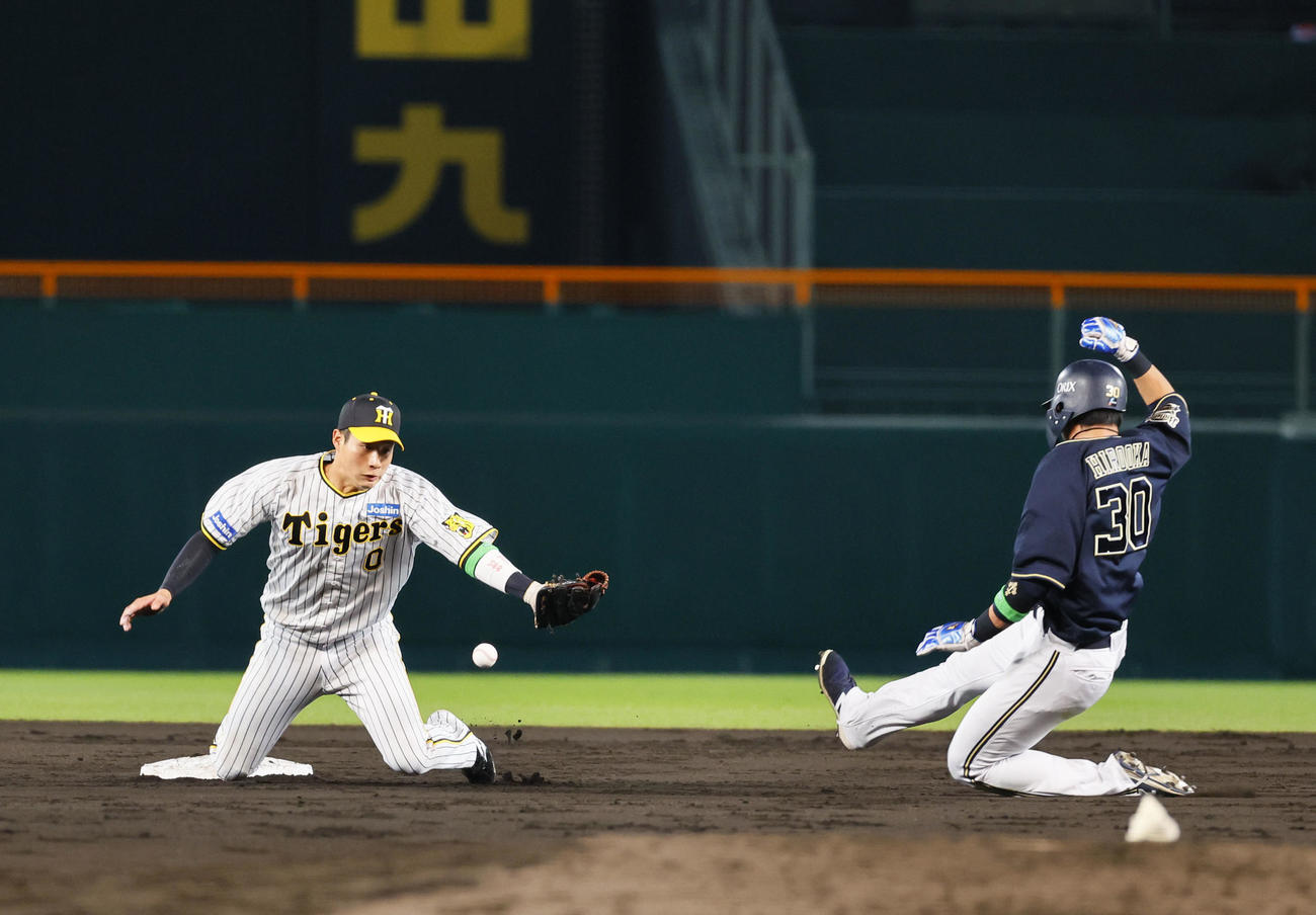阪神対オリックス　5回表オリックス1死一塁、東の投前犠打で阪神伊藤将の悪送球を遊撃手木浪が捕球できず（撮影・藤尾明華）