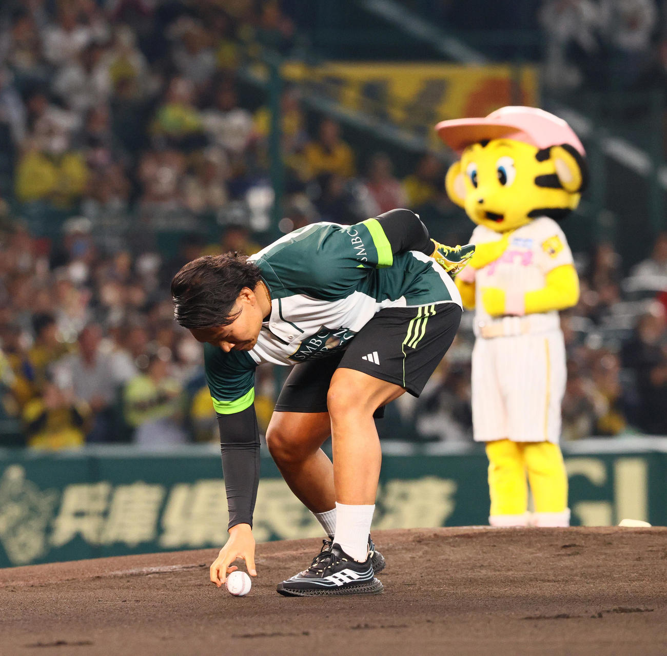 阪神対オリックス　始球式する直前に球を落とすラグビー日本代表の稲垣（撮影・上山淳一）