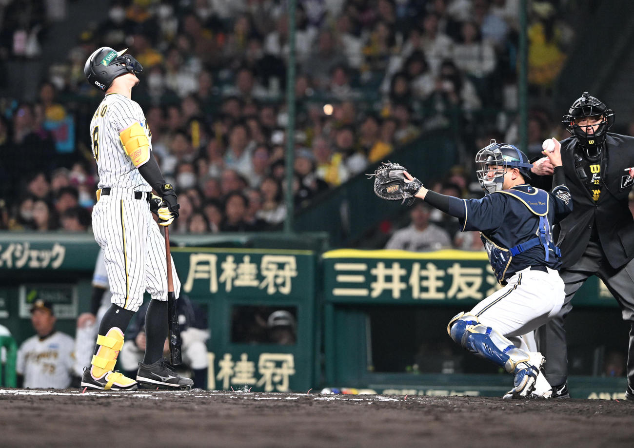 阪神対オリックス　6回裏阪神無死、見逃し三振に倒れる佐藤輝（撮影・和賀正仁）