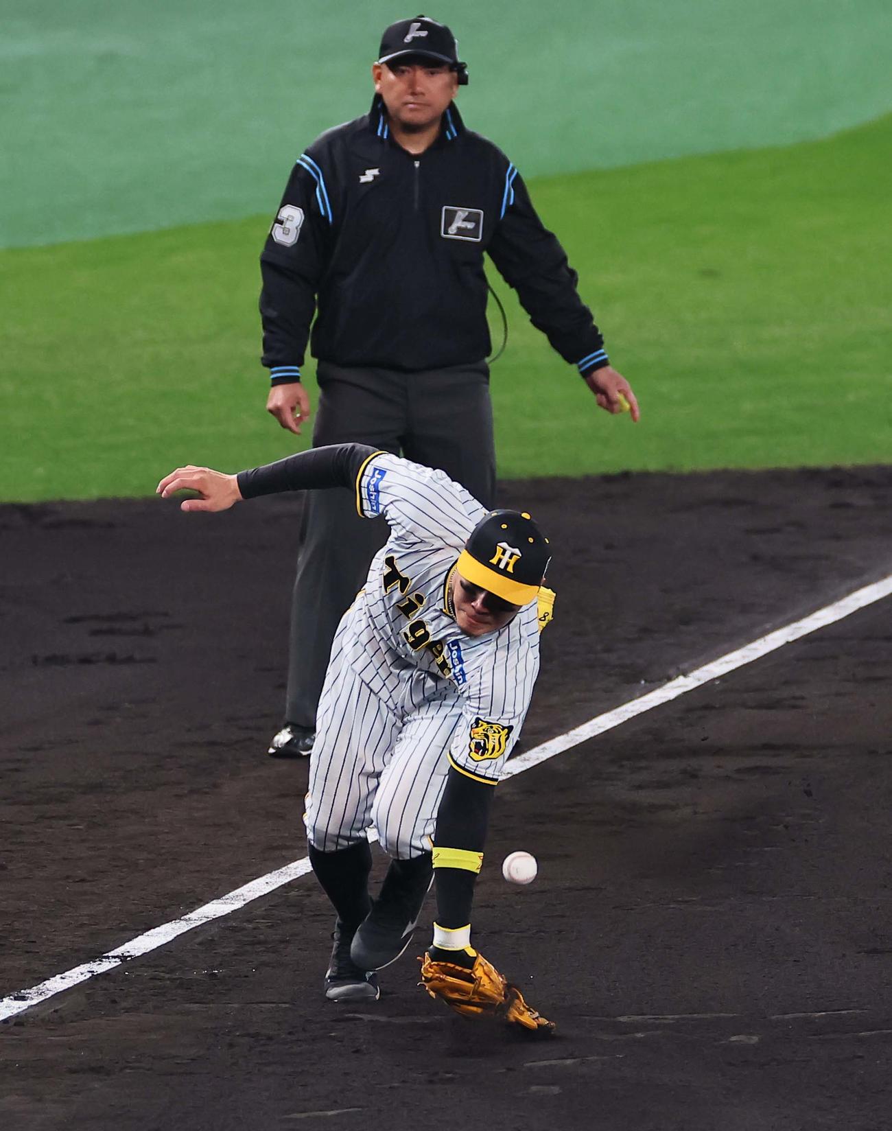 日本シリーズ第4戦　阪神対オリックス　7回表オリックス無死、佐藤輝は広岡のゴロをエラーする（撮影・上田博志）