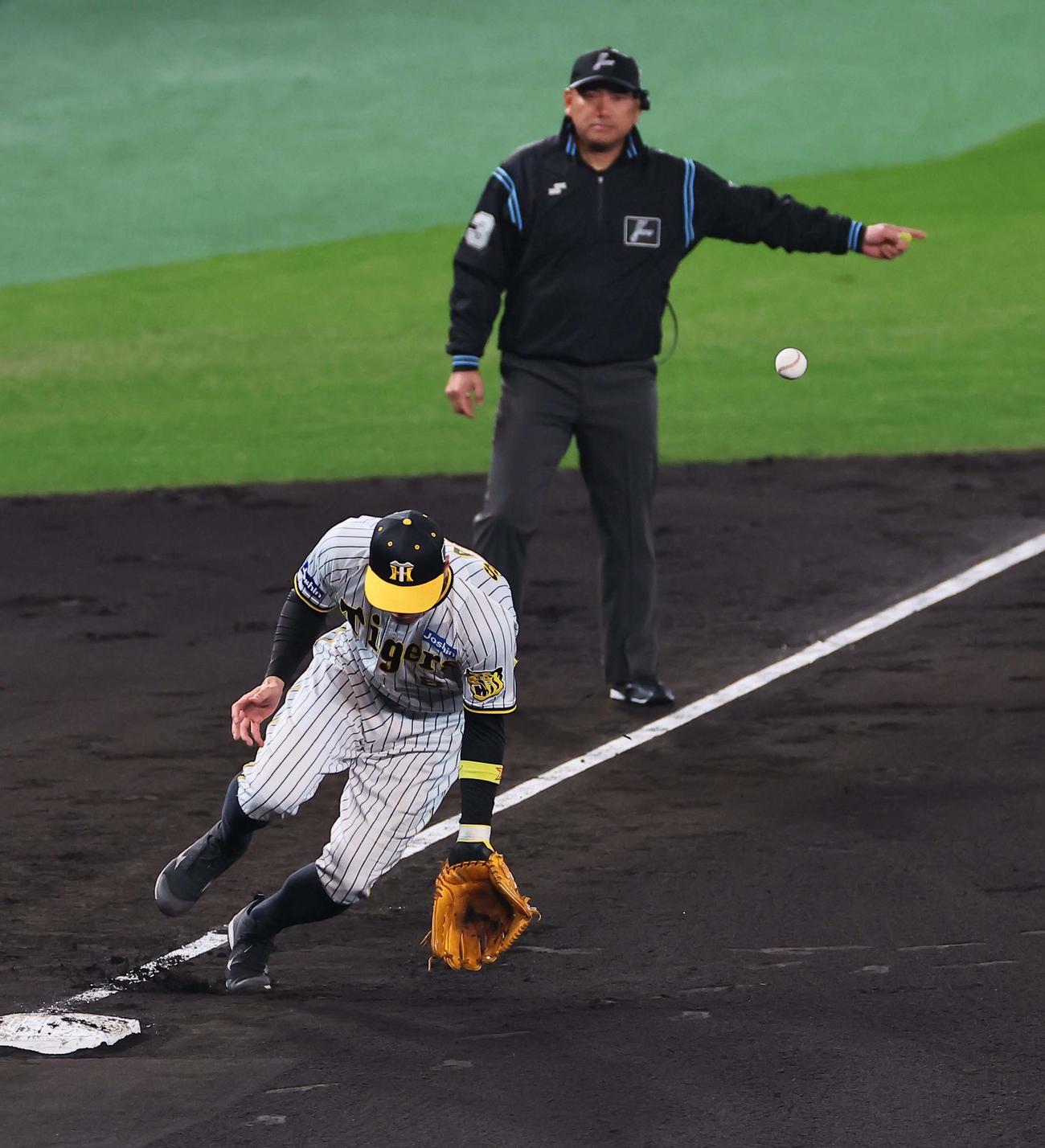 日本シリーズ第4戦　阪神対オリックス　7回表オリックス無死、佐藤輝は広岡のゴロをエラーする（撮影・上田博志）