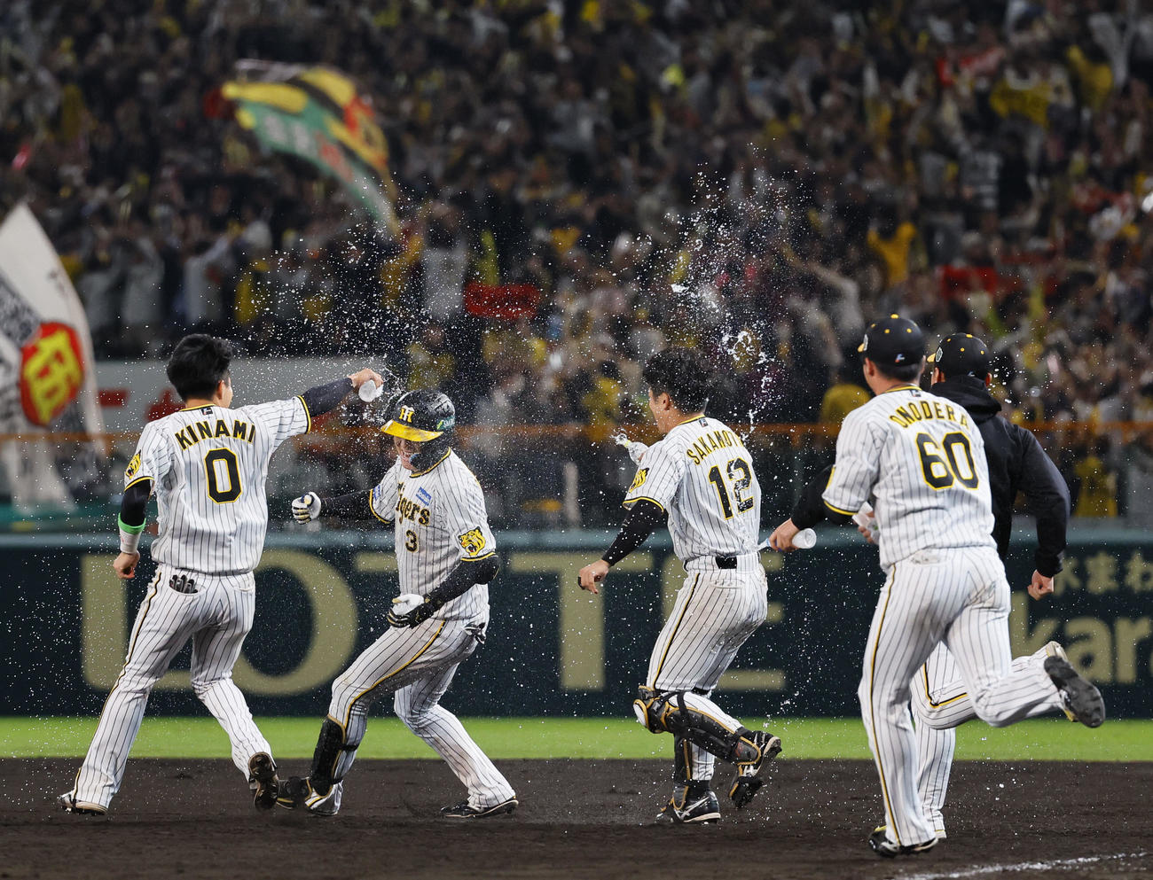 阪神対オリックス　9回裏阪神1死満塁、左前にサヨナラ打を放ち水をかけられ祝福を受ける大山（左から2人目）（撮影・藤尾明華）