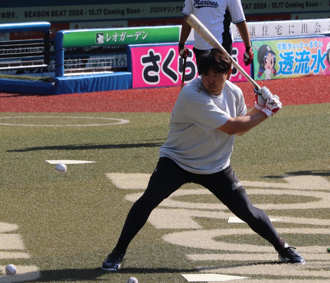 スタンスを広めにとってトス打撃を行うロッテ安田（撮影・古川真弥）