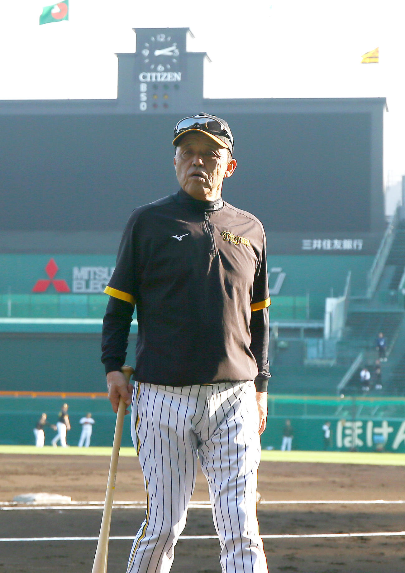 阪神対オリックス　試合前の練習を見守る阪神岡田監督（撮影・上山淳一）