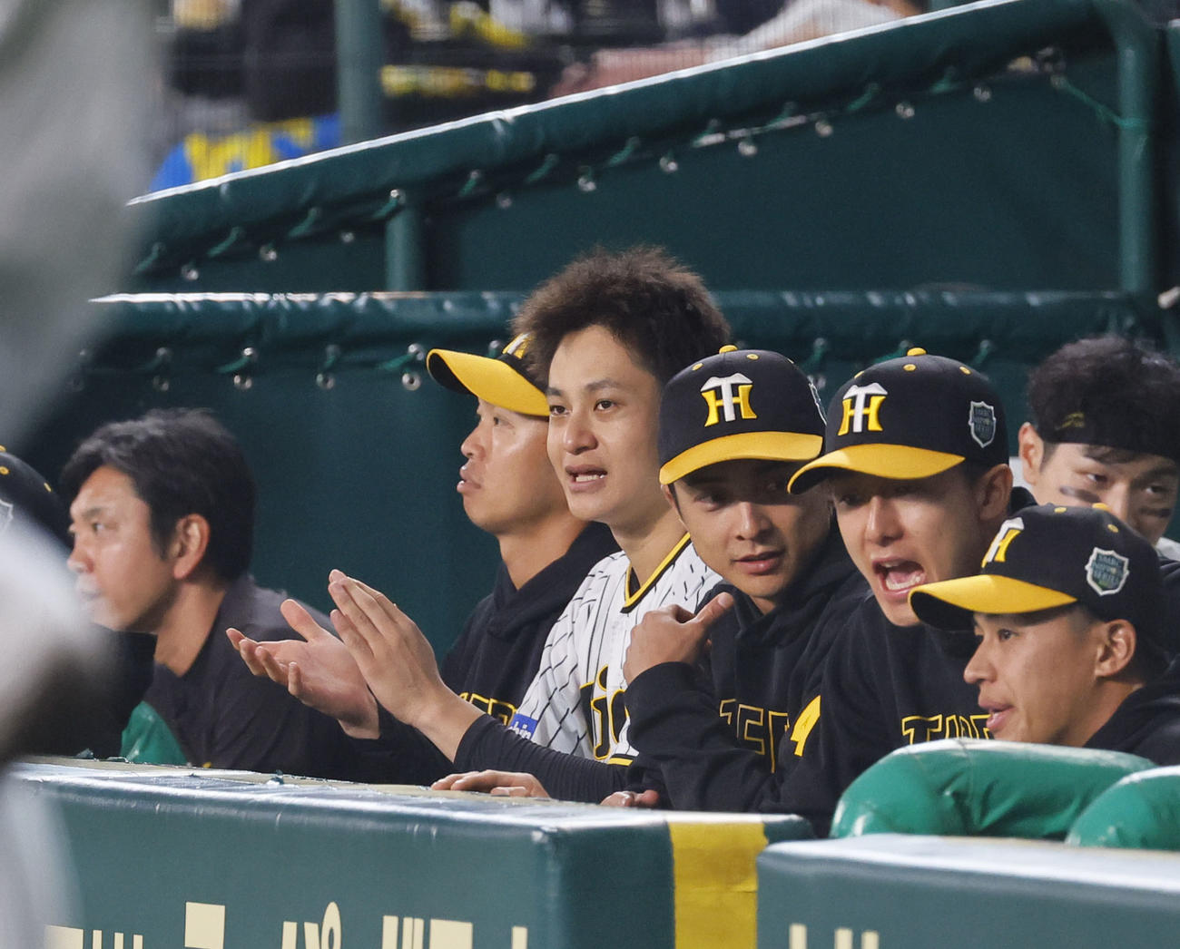 阪神対オリックス　5回裏阪神1死二塁、ベンチから声援を送る阪神大竹（左から3人目）（撮影・藤尾明華）