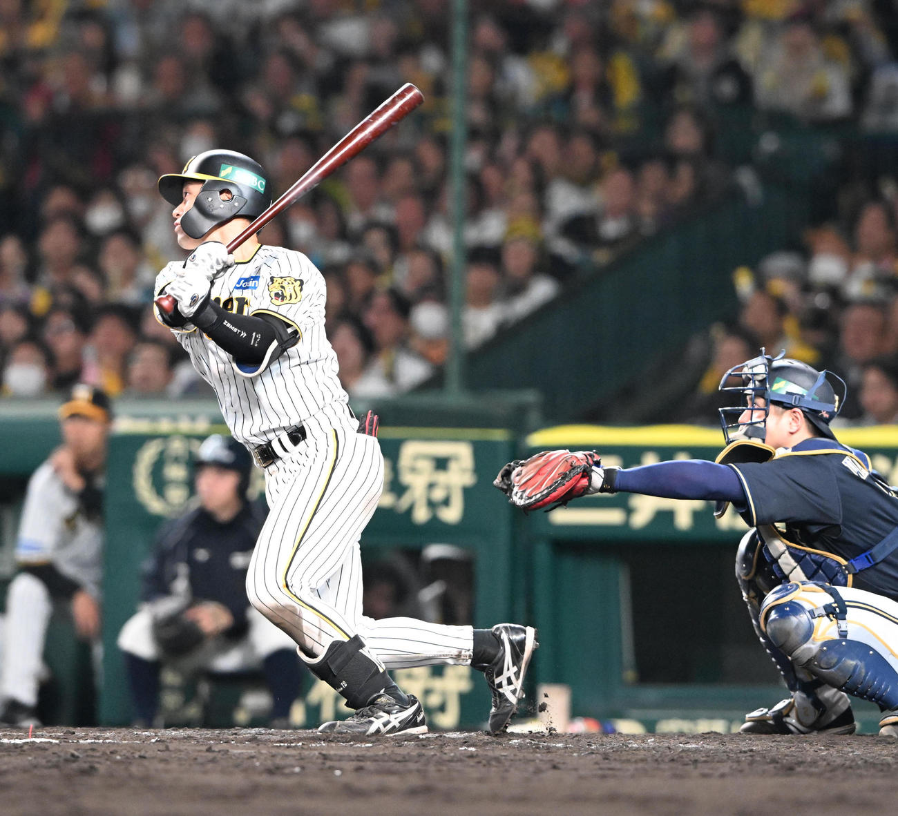 阪神対オリックス　8回裏阪神2死一、二塁、右越えに2点適時三塁打を放つ坂本（撮影・和賀正仁）