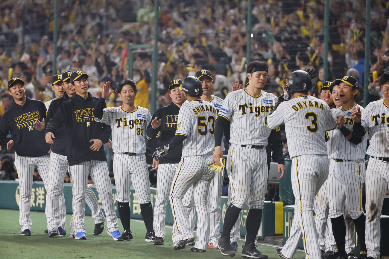 阪神対オリックス　8回裏阪神2死一、二塁、坂本の2点適時三塁打で生還した大山と島田を出迎える阪神ナイン（撮影・藤尾明華）