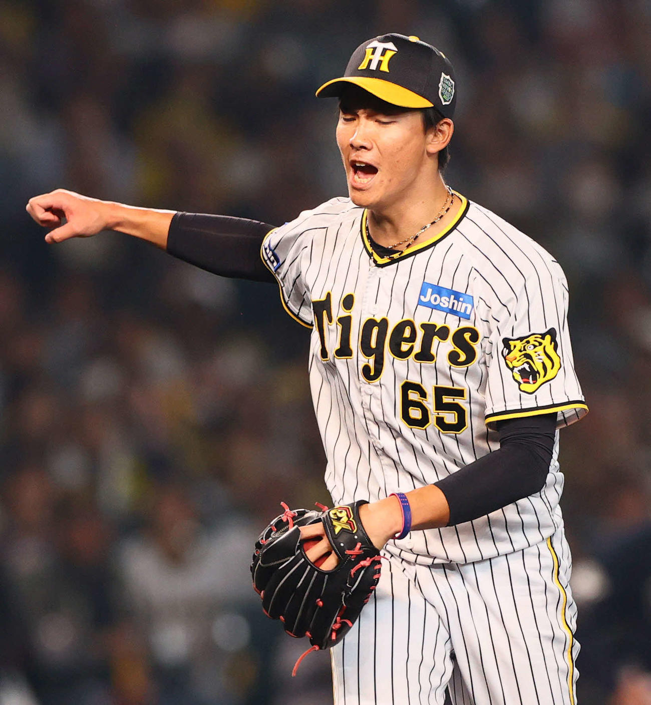 阪神対オリックス　8回表オリックス2死、湯浅は若月から三振を奪い雄たけびをあげる（撮影・上山淳一）