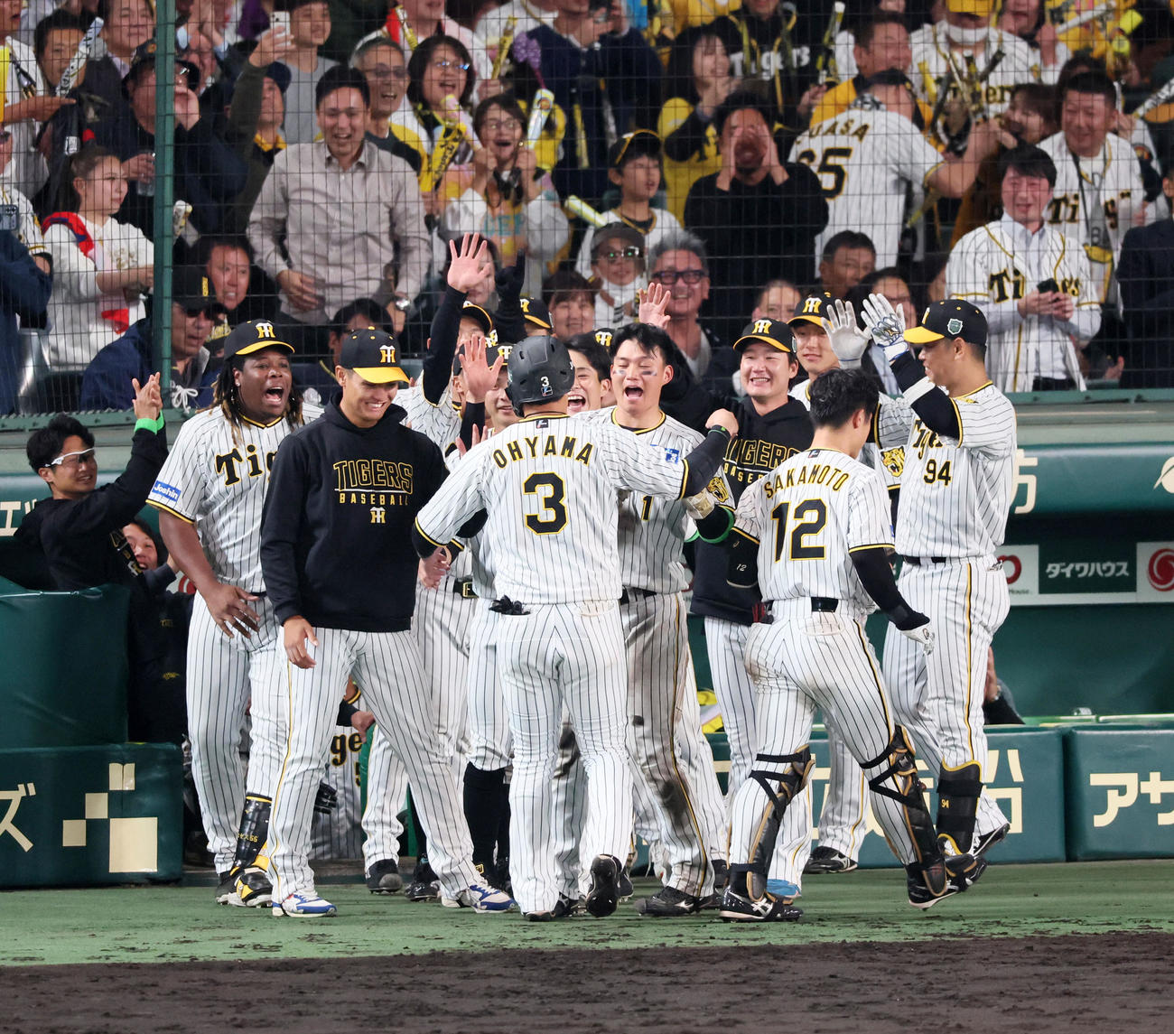 阪神対オリックス　8回裏阪神1死三塁、生還した三塁走者森下はベンチ前で中適時打を放った大山を迎える（撮影・加藤哉）