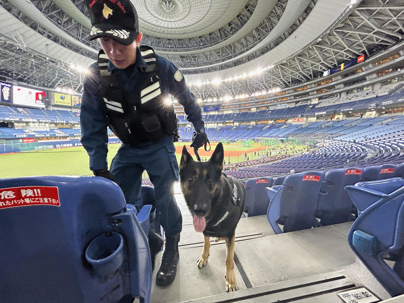 オリックス対阪神　スタンドを警戒する大阪府警の警備犬（撮影・加藤哉）
