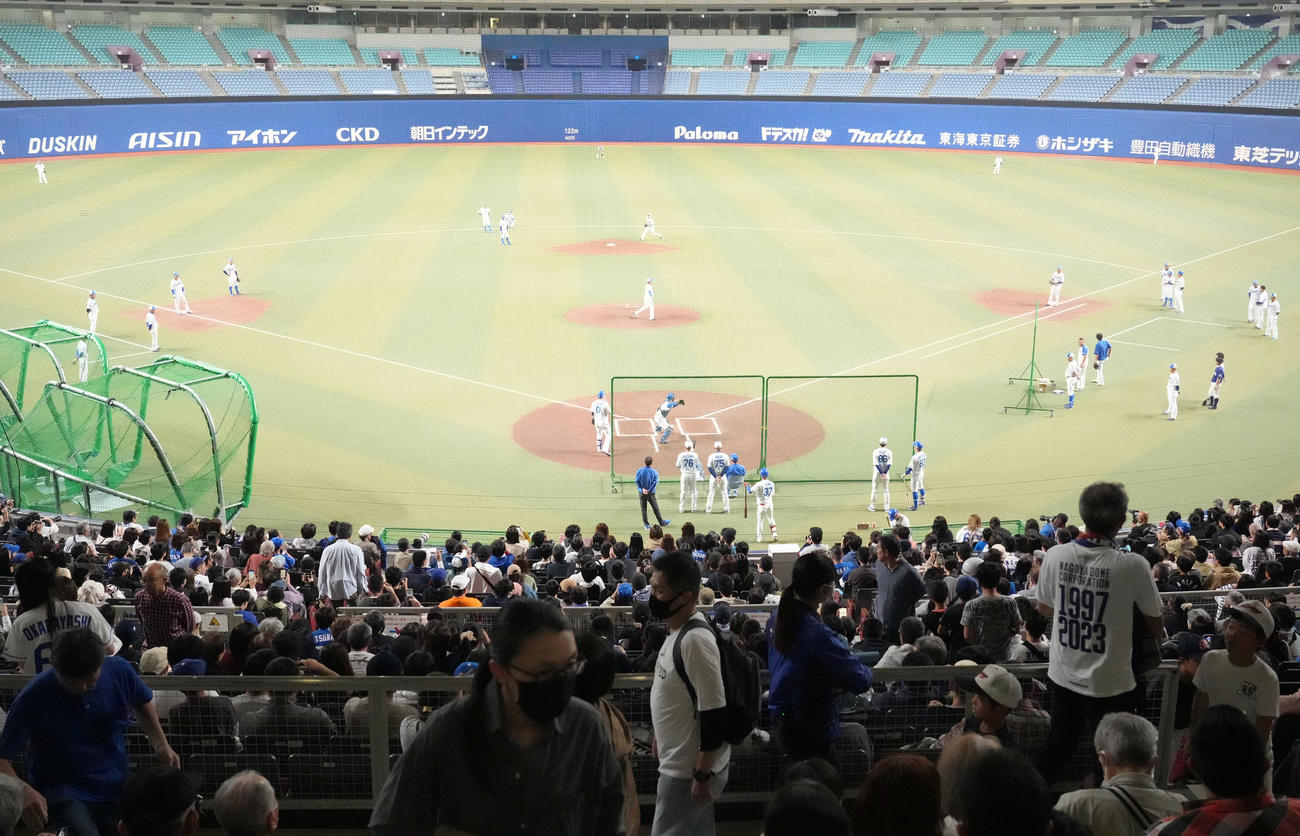 今日の練習は無料公開されスタンドで練習を見つめるファン（撮影・森本幸一）