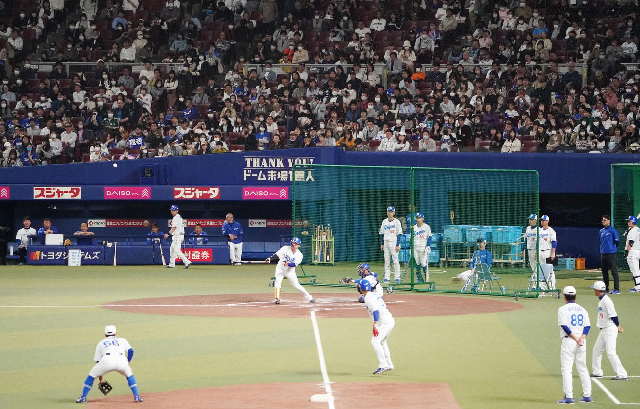 今日の練習は無料公開されスタンドで練習を見つめるファン（撮影・森本幸一）