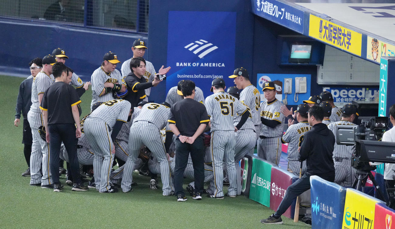 オリックス対阪神　試合前、円陣を組む阪神ナイン（撮影・菅敏）