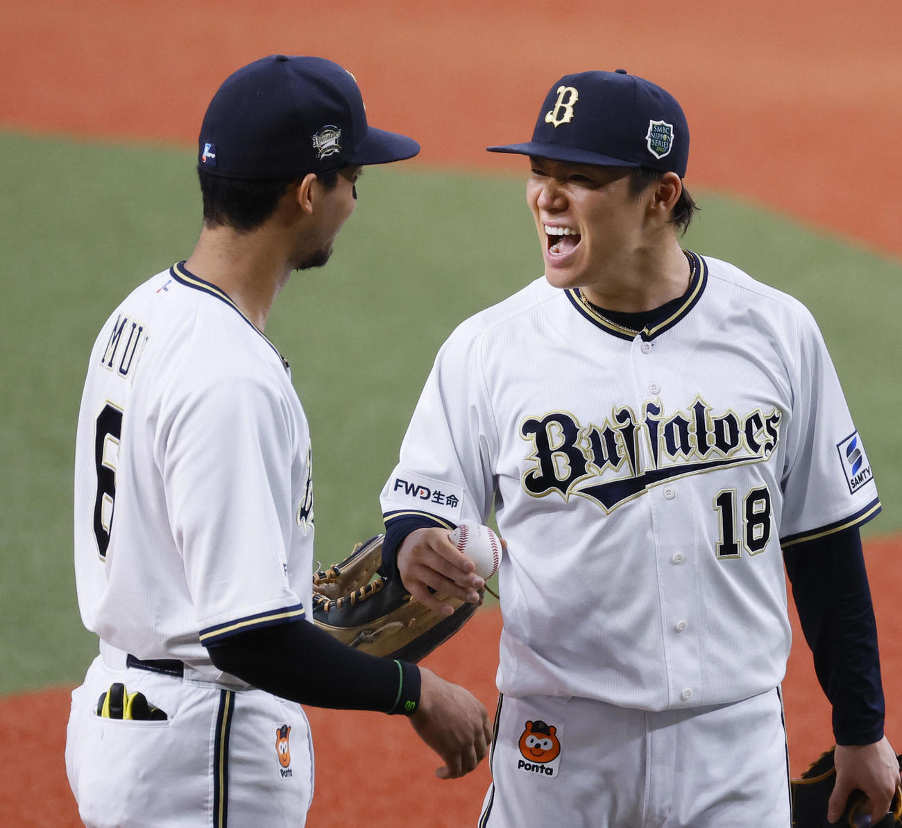 オリックス対阪神　4回表阪神2死一、三塁、近本を右飛に打ち取り、宗（左）と顔を見合わせほえるオリックス山本（撮影・藤尾明華）