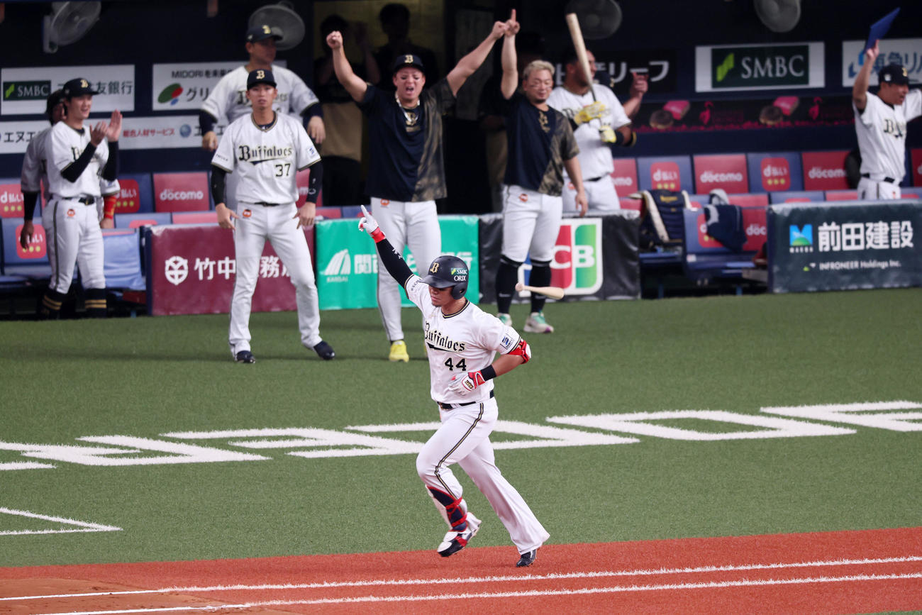 オリックス対阪神　8回裏オリックス無死、頓宮は左越えソロ本塁打放ちガッツポーズを見せる（撮影・加藤哉）