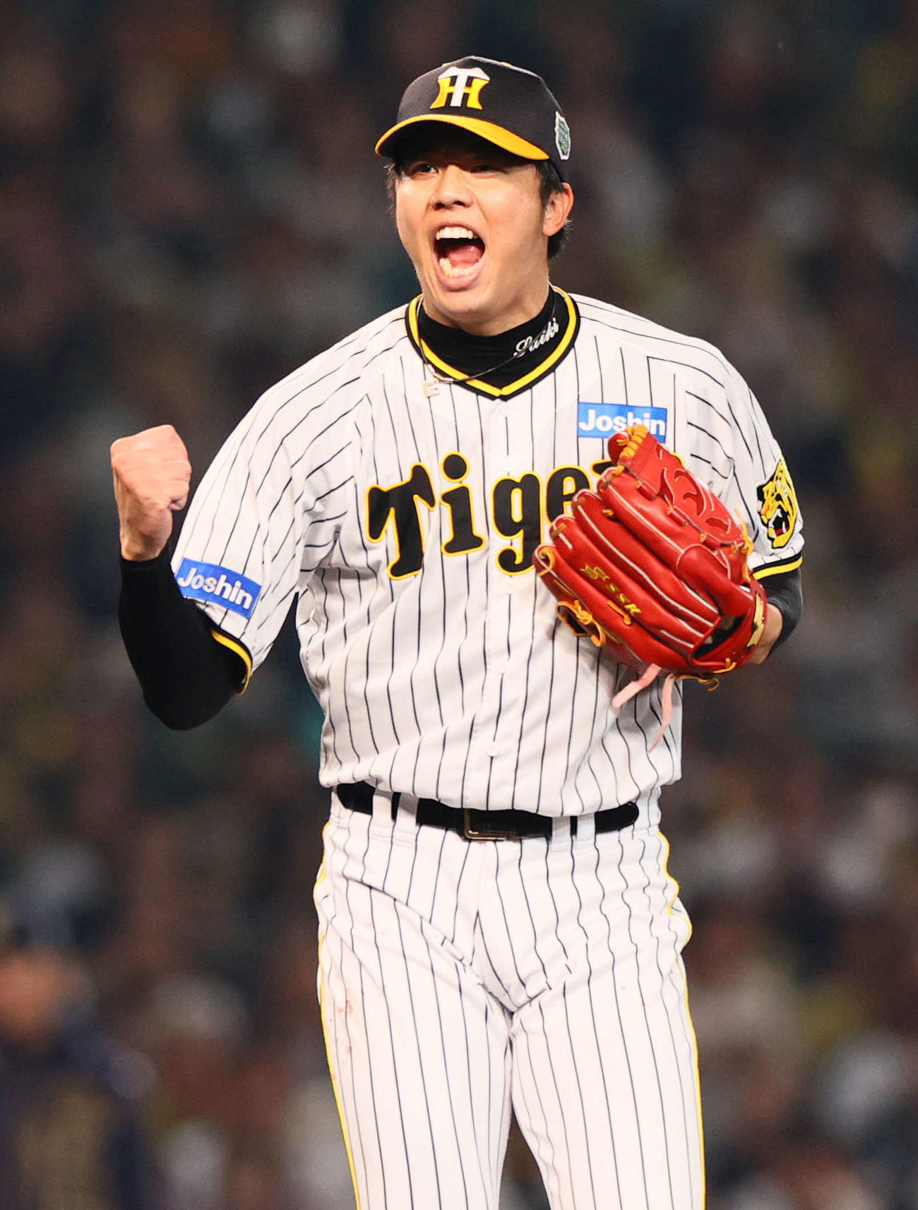 第4戦で雄たけびをあげる阪神才木浩人（2023年11月1日撮影）